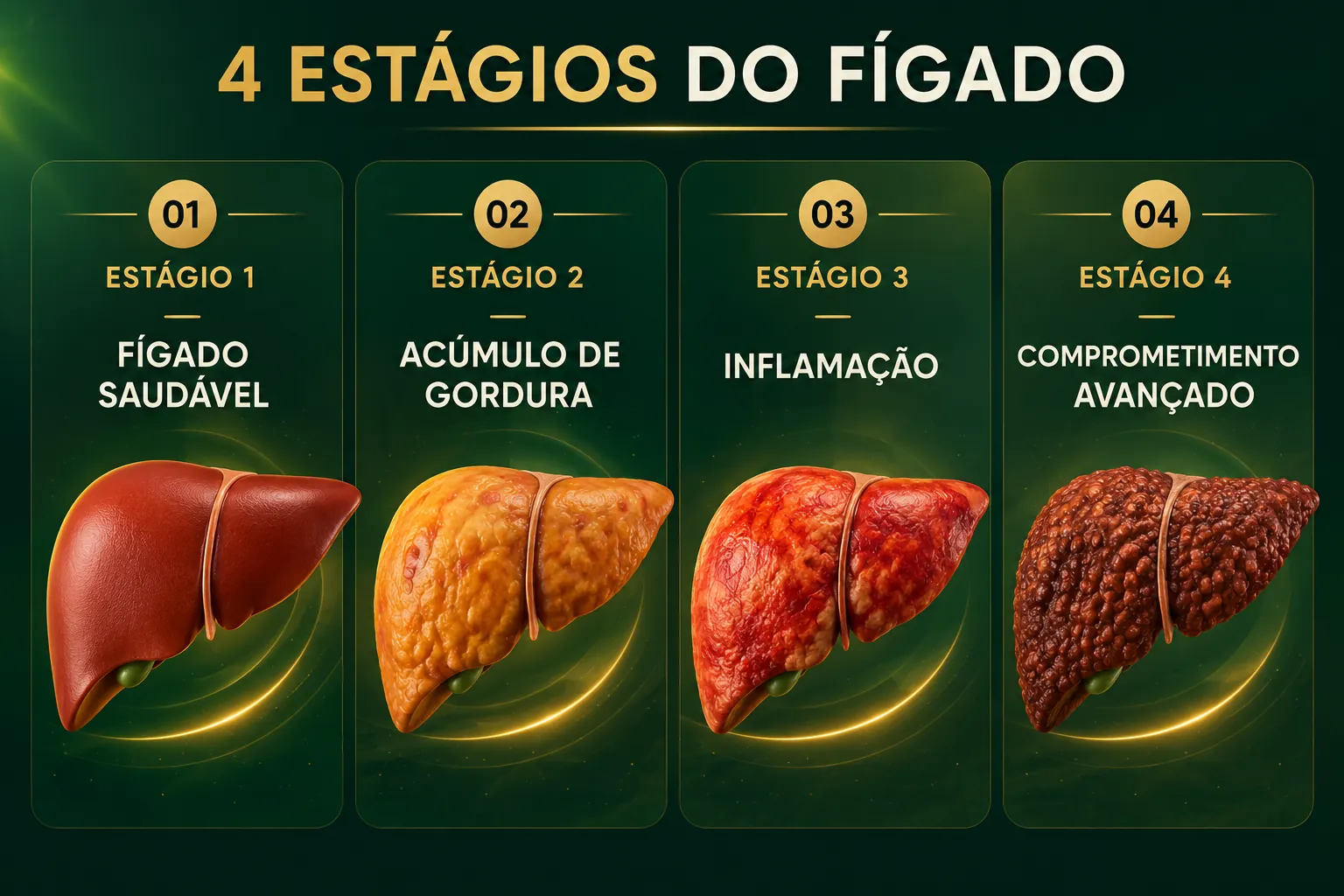 Os 4 estágios do fígado: fígado saudável, acúmulo de gordura, inflamação e comprometimento avançado