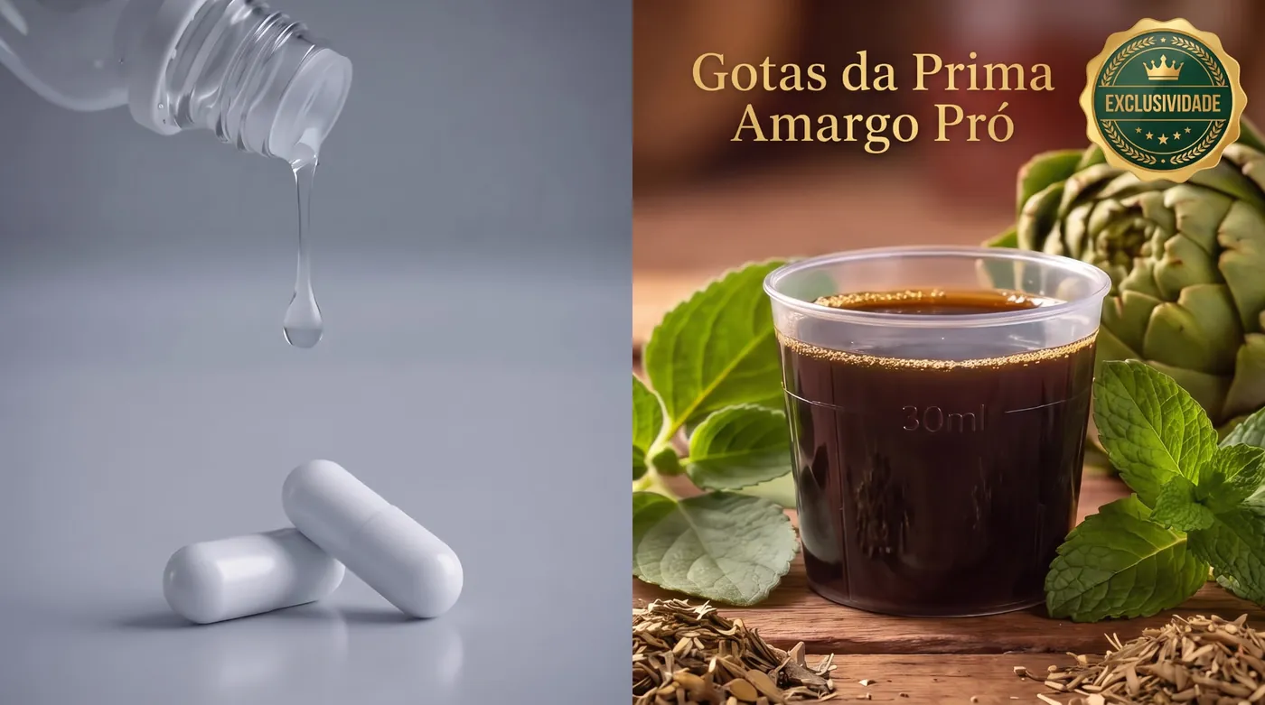 Comparativo entre cápsulas comuns e a fórmula líquida Gotas da Prima Amargo Pró