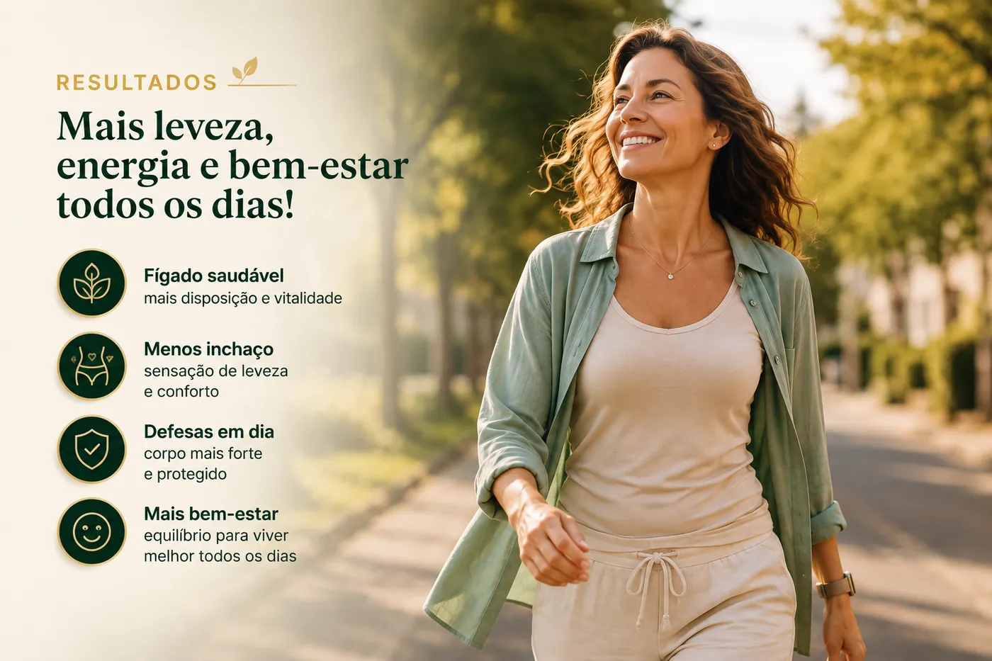 Mulher caminhando ao ar livre com mais leveza, energia e bem-estar