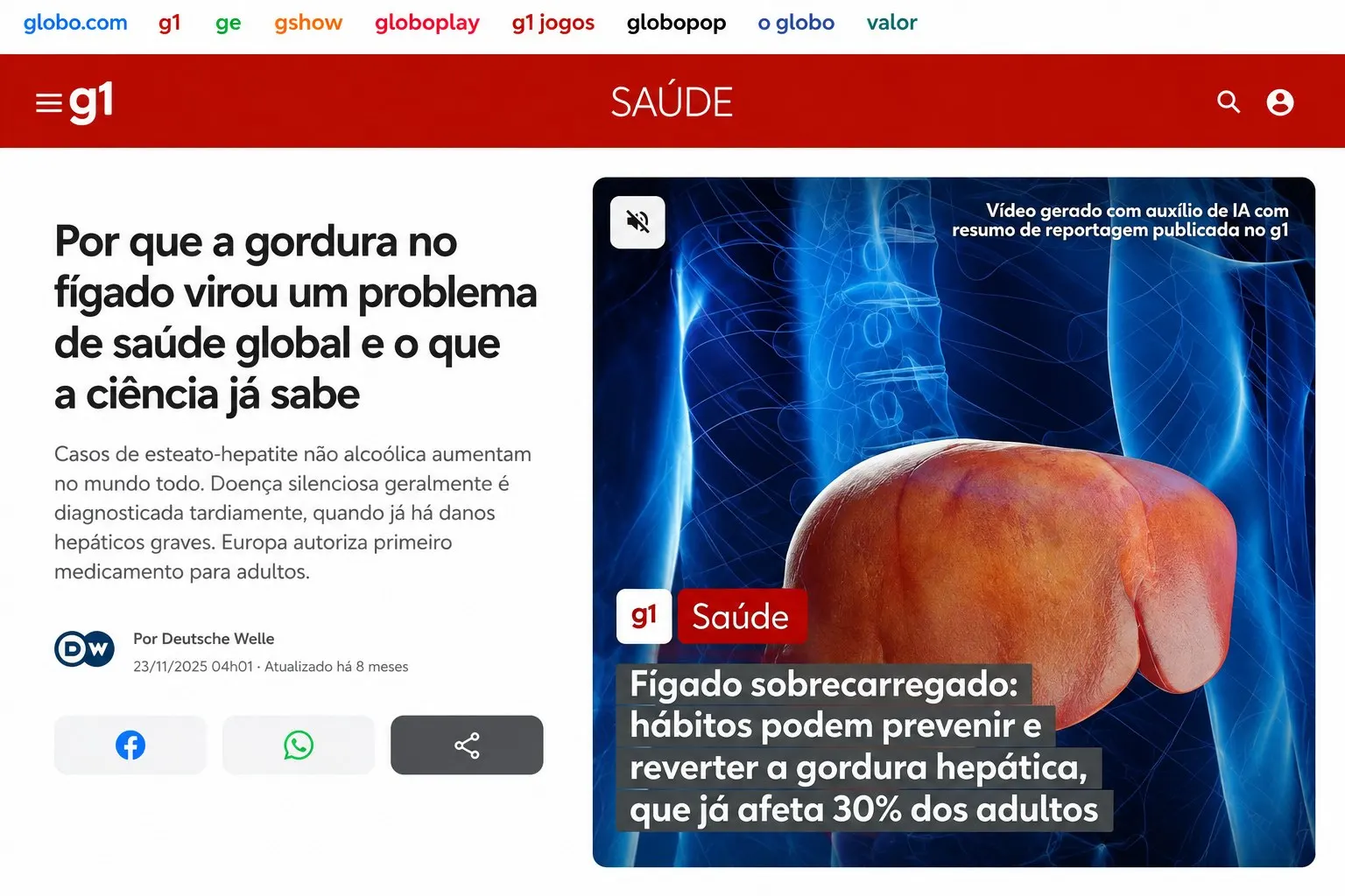 Print da matéria: Por que a gordura no fígado virou um problema de saúde global e o que a ciência já sabe