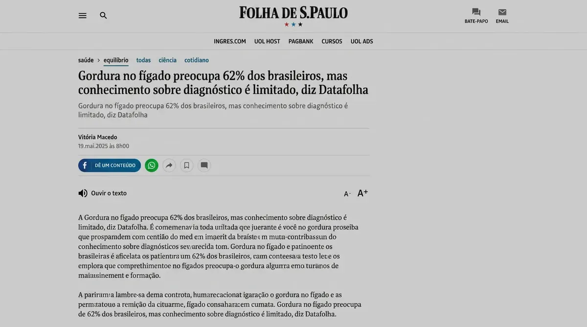 Print da matéria: Gordura no fígado preocupa 62% dos brasileiros, mas conhecimento sobre diagnóstico ainda é limitado, diz Datafolha